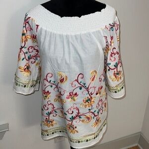 South Main color embroidered Boho white top‎ cotton blouse Sz S